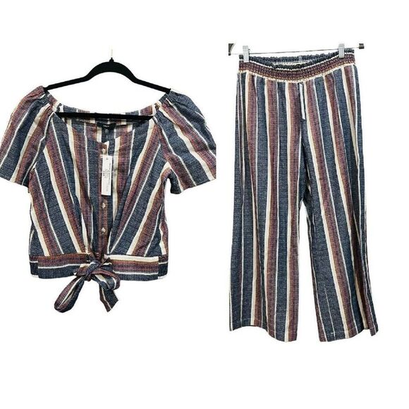 DREW Anthropologie Striped Short Sleeve Tie Front Button-Up Top Size Medium M - Picture 8 of 8